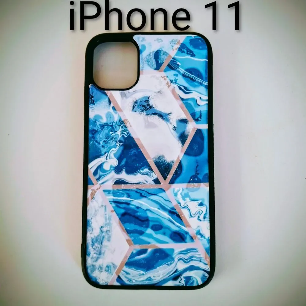 iPhone 11 Case - Blue Marble With Pink Borders